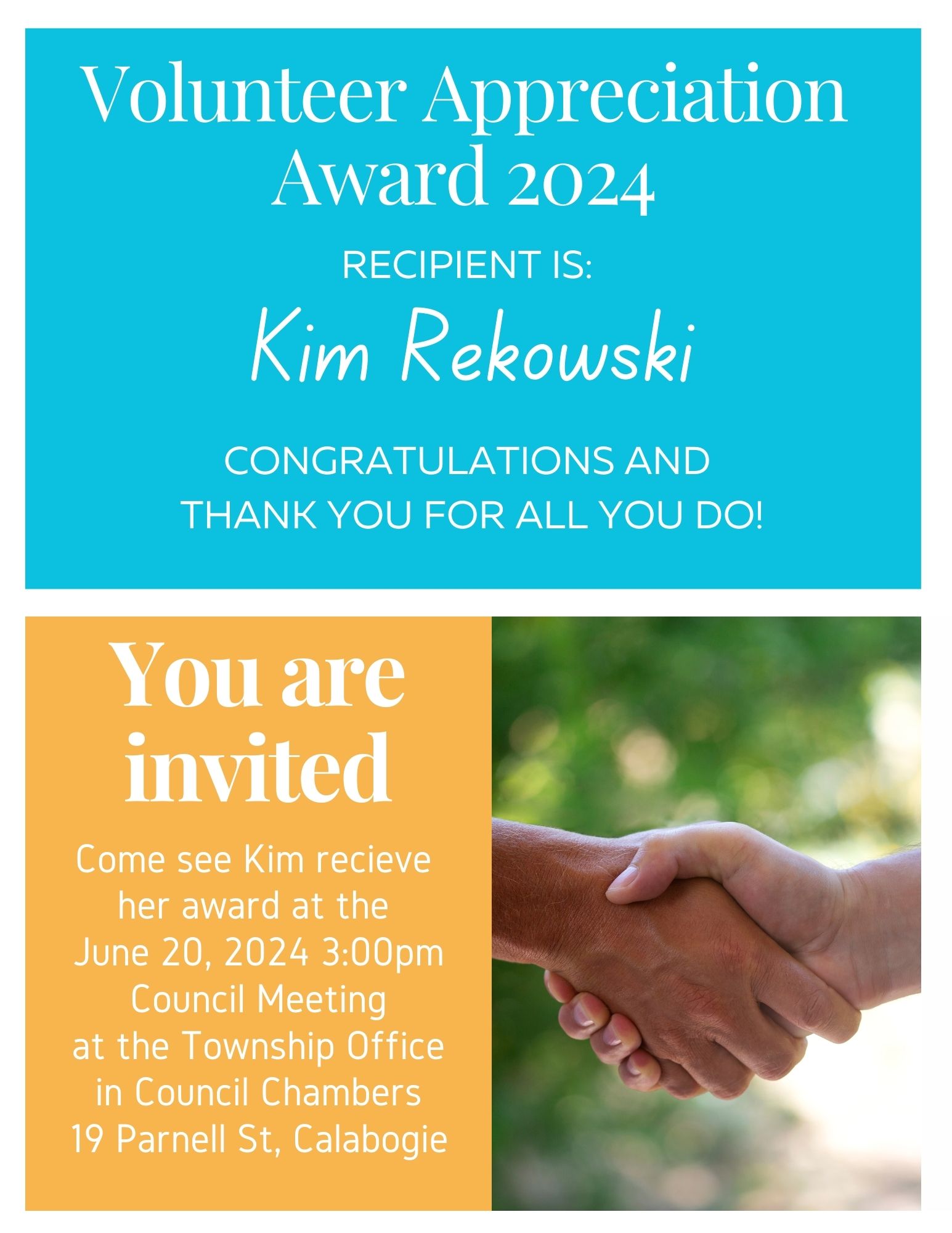 volunteer appreciation awards 2024 recipient is Kim Rekowski