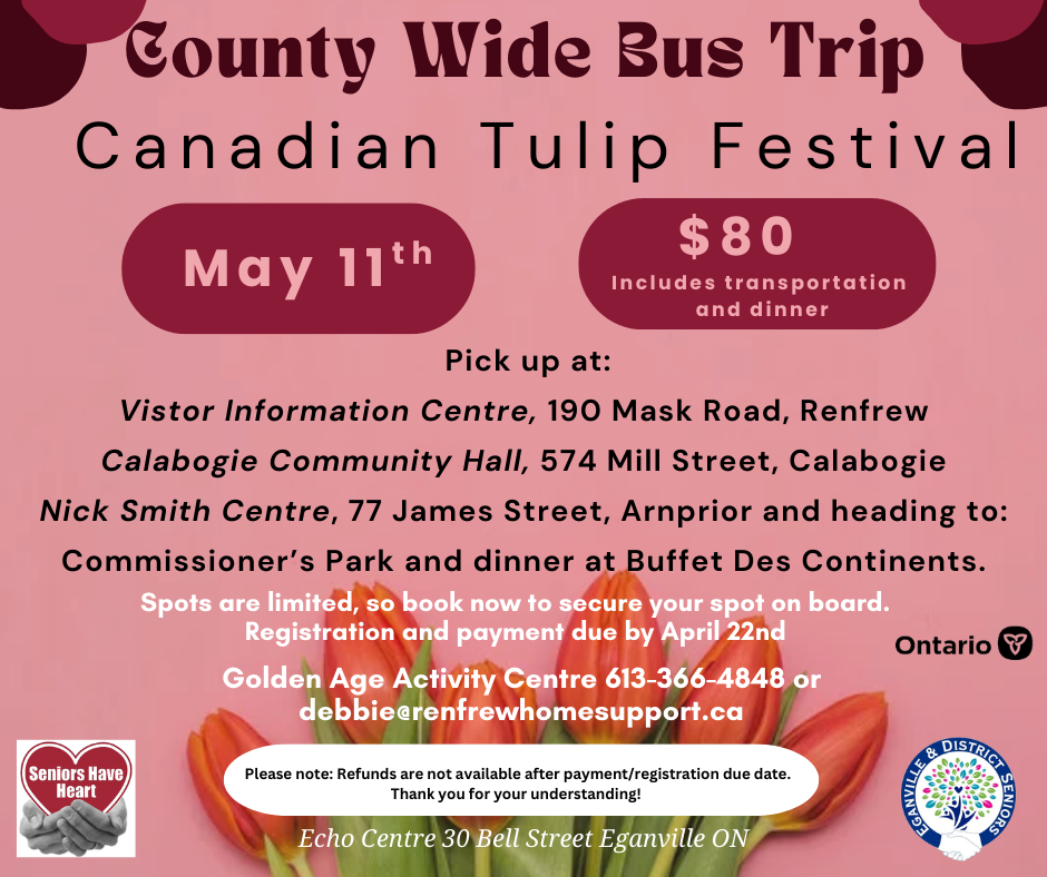 Tulip Festival Bus Trip poster text is included in the body of the webpage